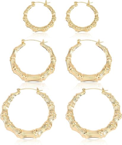 3 Pairs Bamboo Hoop Earrings for Women, Extra Large Statement Retro 80s 90s Hip Hop Fashion Jewelry Lightweight Big Hoop Earrings for Party Everyday Wear in Saudi Arabia