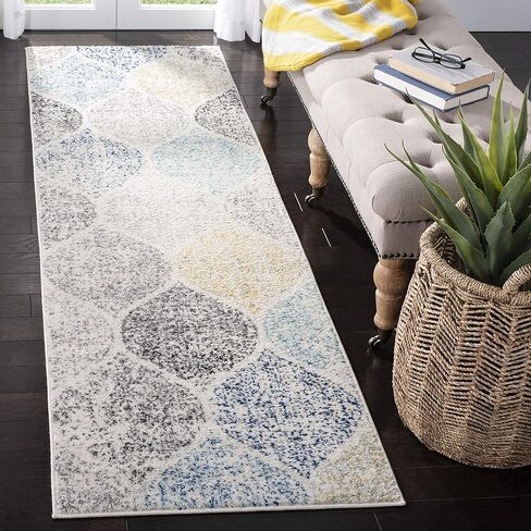 SAFAVIEH Madison Collection Runner Rug - 2'3" x 10', Ivory & Blue, Glam Ogee Trellis Distressed Design, Non-Shedding & Easy Care, Ideal for High Traffic Areas in Living Room, Bedroom (MAD604D) in Saudi Arabia