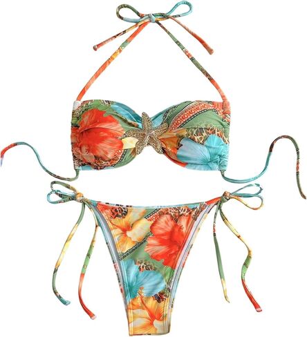 Floerns Women's Bikini Set Leopard Floral Halter String Tie Side 2 Piece Bathing Suit in Saudi Arabia
