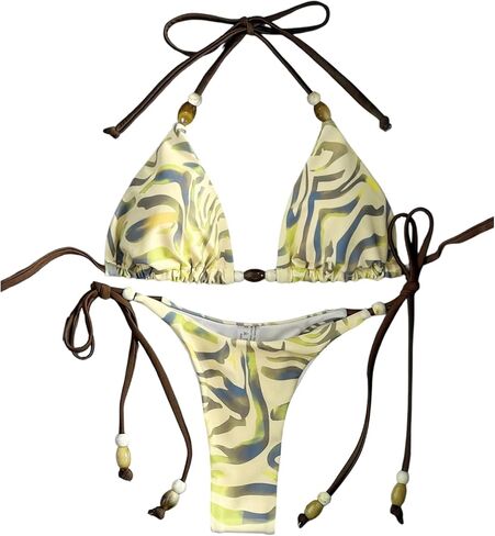 Verdusa Women's 2 Piece Halter Bikini Set Graphic Print Beaded Tie Backless High Cut Swimsuits in Saudi Arabia