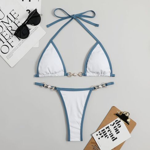 Chic Women's Triangle Bikini Sets Sexy Halter String Two Piece Swimsuits Circle Ring Linked Cheeky Bathing Suit-White in Saudi Arabia