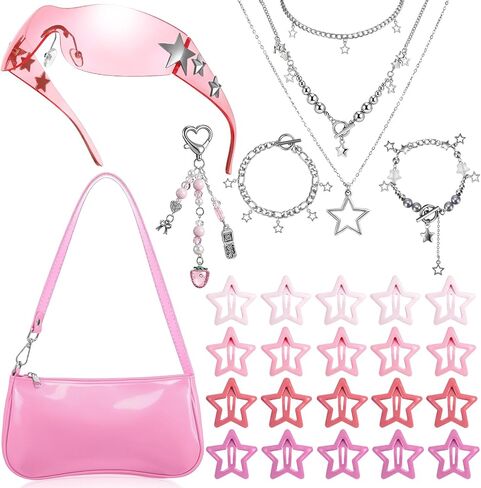 Y2k Accessories Set Patent Leather Shoulder Bag Grunge Layered Necklace Bracelets Y2K Sunglasses Star Clips Pink Keychain Vintage Jewelry Set for Women in Kuwait