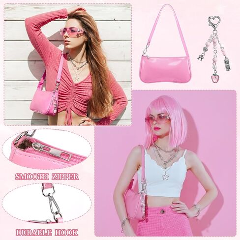 Y2k Accessories Set Patent Leather Shoulder Bag Grunge Layered Necklace Bracelets Y2K Sunglasses Star Clips Pink Keychain Vintage Jewelry Set for Women in Kuwait