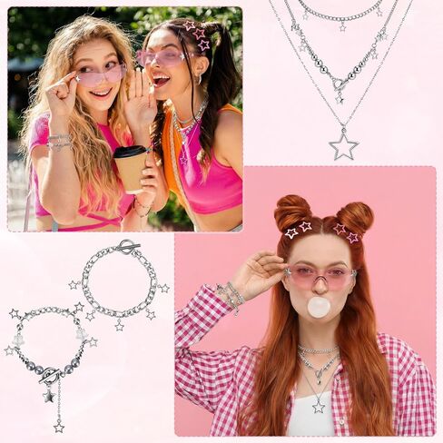 Y2k Accessories Set Patent Leather Shoulder Bag Grunge Layered Necklace Bracelets Y2K Sunglasses Star Clips Pink Keychain Vintage Jewelry Set for Women in Kuwait