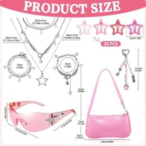 Y2k Accessories Set Patent Leather Shoulder Bag Grunge Layered Necklace Bracelets Y2K Sunglasses Star Clips Pink Keychain Vintage Jewelry Set for Women in Kuwait