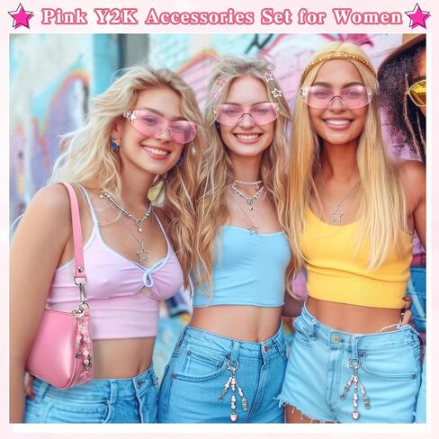 Y2k Accessories Set Patent Leather Shoulder Bag Grunge Layered Necklace Bracelets Y2K Sunglasses Star Clips Pink Keychain Vintage Jewelry Set for Women in Kuwait