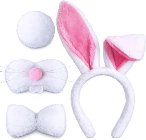 Easter Bunny Costume Set, White Plush Bunny Ears Headband Bowtie, Nose, Tail for Women Adults, Rabbit Dress up Accessories for Easter Halloween Party in Saudi Arabia