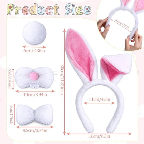 Easter Bunny Costume Set, White Plush Bunny Ears Headband Bowtie, Nose, Tail for Women Adults, Rabbit Dress up Accessories for Easter Halloween Party in Saudi Arabia