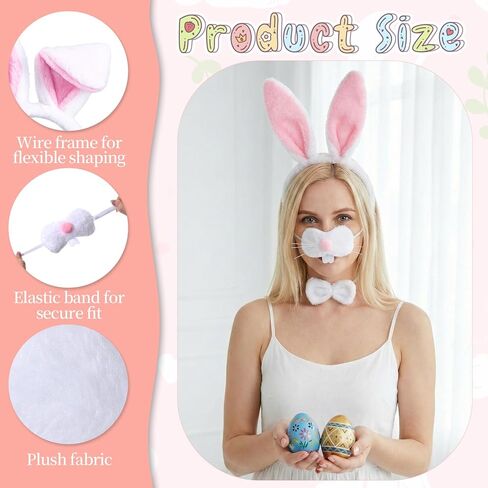 Easter Bunny Costume Set, White Plush Bunny Ears Headband Bowtie, Nose, Tail for Women Adults, Rabbit Dress up Accessories for Easter Halloween Party in Saudi Arabia