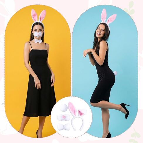 Easter Bunny Costume Set, White Plush Bunny Ears Headband Bowtie, Nose, Tail for Women Adults, Rabbit Dress up Accessories for Easter Halloween Party in Saudi Arabia