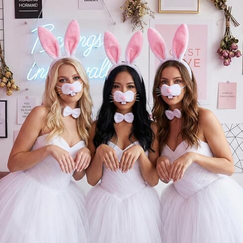 Easter Bunny Costume Set, White Plush Bunny Ears Headband Bowtie, Nose, Tail for Women Adults, Rabbit Dress up Accessories for Easter Halloween Party in Saudi Arabia