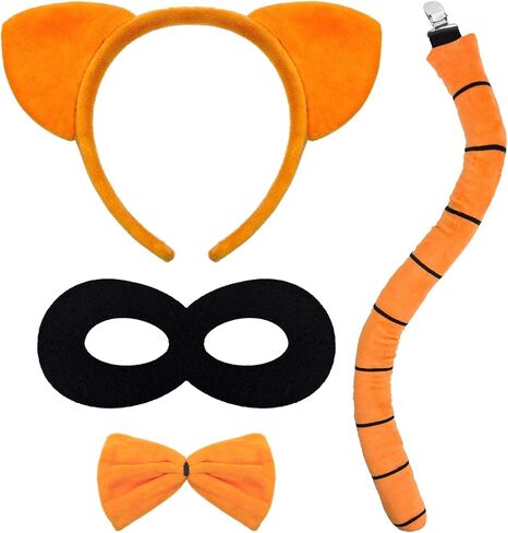 4pcs Orange Cat Costume Accessories Orange Cat Ears Headband Black Mask Tail Bow Tie for Halloween Book Day Cosplay Supplies in Kuwait