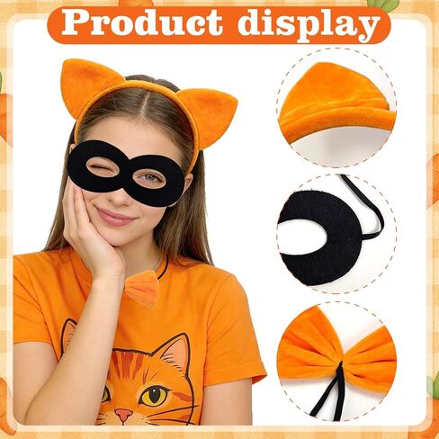 4pcs Orange Cat Costume Accessories Orange Cat Ears Headband Black Mask Tail Bow Tie for Halloween Book Day Cosplay Supplies in Kuwait