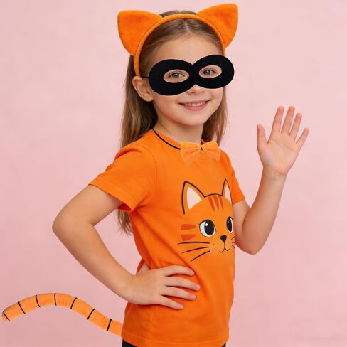 4pcs Orange Cat Costume Accessories Orange Cat Ears Headband Black Mask Tail Bow Tie for Halloween Book Day Cosplay Supplies in Kuwait