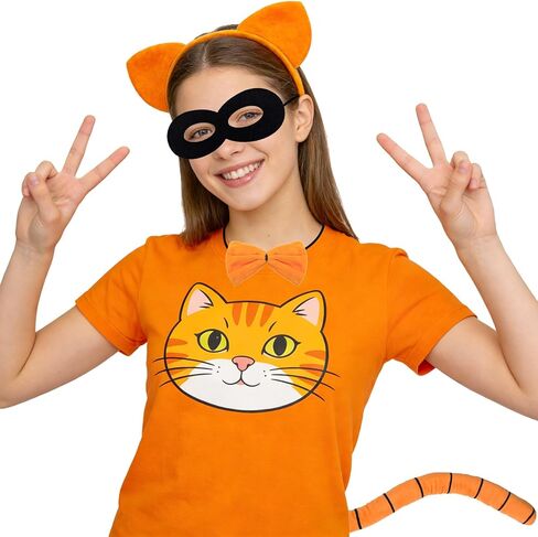 4pcs Orange Cat Costume Accessories Orange Cat Ears Headband Black Mask Tail Bow Tie for Halloween Book Day Cosplay Supplies in Kuwait
