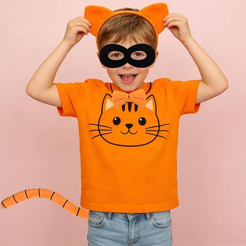 4pcs Orange Cat Costume Accessories Orange Cat Ears Headband Black Mask Tail Bow Tie for Halloween Book Day Cosplay Supplies in Kuwait