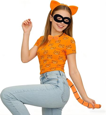 4pcs Orange Cat Costume Accessories Orange Cat Ears Headband Black Mask Tail Bow Tie for Halloween Book Day Cosplay Supplies in Kuwait