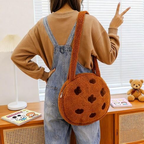 Women’s Cute Plush Faux Fur Chocolate Cookie Shoulder Bag, Large Fluffy Coquette Crossbody Bag for Everyday Use in Saudi Arabia