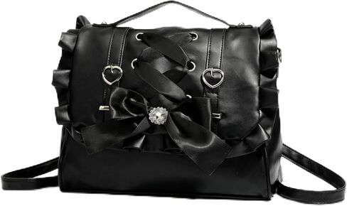 حقيبة ظهر Black Bow Cutecore، Y2K محافظ جلدية نباتية صغيرة من جلد البولي يوريثان على الطراز القوطي للنساء مع كشكش، حقيبة كتف على الموضة من لوليتا القوطية in Kuwait