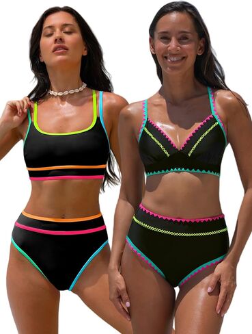 popvil Women's High Waisted Bikini Sets Neon Two Piece 2025 Swimsuit Sporty Crisscross Back 2 Piece Bathing Suit Ladies Beach Summer in Kuwait