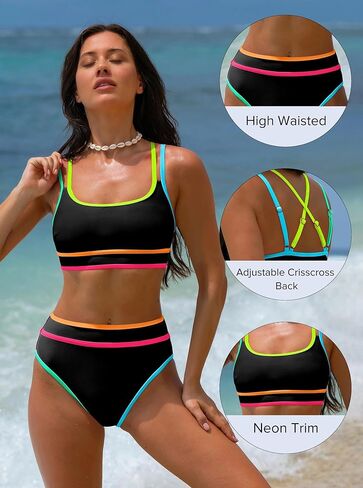popvil Women's High Waisted Bikini Sets Neon Two Piece 2025 Swimsuit Sporty Crisscross Back 2 Piece Bathing Suit Ladies Beach Summer in Kuwait