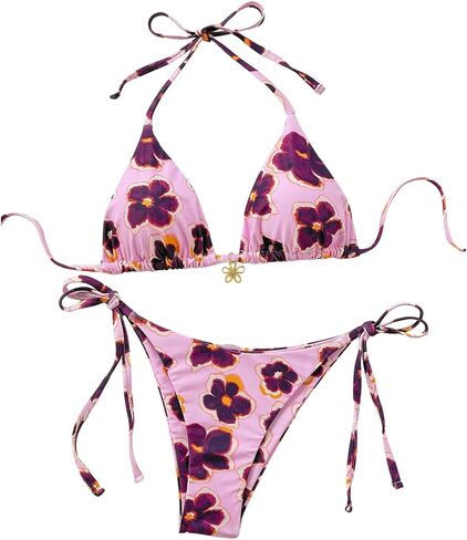 MakeMeChic Women's Floral Bikini Set Halter Triangle Tie Side String Thong Swimsuits in Saudi Arabia