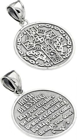 Claddagh Gold Celtic Cross Irish Blessing Textured Coin Medallion Pendant Necklace Fine Real Solid 925 Sterling Silver in Kuwait