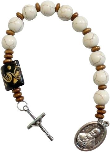 Saint Francis De Sales Patron of Those with Hearing Problems White Magnesite Round Beads Chaplet Silver Plated Crucifix and Medal Large Carved Wood Square Pater Noster Includes Blessed Prayer Card in Kuwait
