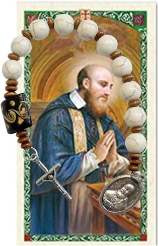 Saint Francis De Sales Patron of Those with Hearing Problems White Magnesite Round Beads Chaplet Silver Plated Crucifix and Medal Large Carved Wood Square Pater Noster Includes Blessed Prayer Card in Kuwait