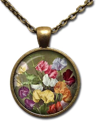 Sweet Pea Vintage Lathyrus odoratus Flower - Handmade ROUND Glass Pendant Necklace Jewelry in Saudi Arabia