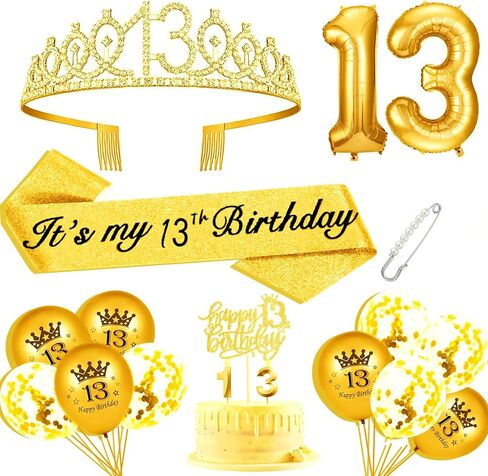 مجموعة زينة عيد الميلاد الثالث عشر للفتيات، تتضمن تاج عيد الميلاد الثالث عشر و13 وشاحًا، وغطاء كعكة عيد الميلاد الثالث عشر و13 شمعة عيد ميلاد، و13 بالونة ذهبية، ومستلزمات الحفلات النسائية الثالثة عشرة (ذهبية) in Kuwait
