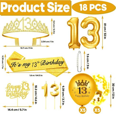 مجموعة زينة عيد الميلاد الثالث عشر للفتيات، تتضمن تاج عيد الميلاد الثالث عشر و13 وشاحًا، وغطاء كعكة عيد الميلاد الثالث عشر و13 شمعة عيد ميلاد، و13 بالونة ذهبية، ومستلزمات الحفلات النسائية الثالثة عشرة (ذهبية) in Kuwait