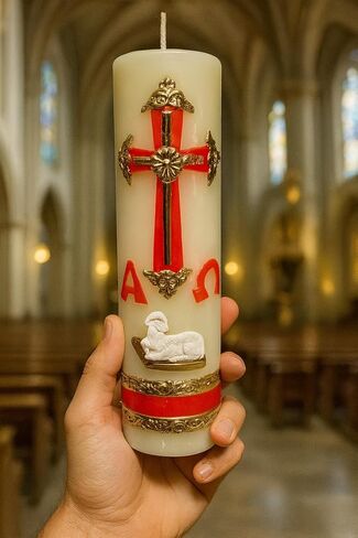 Cirio Pascual Rojo Alpha Omega Candle for the Easter Celebration - Devotional Candle - Confirmation o confirmacion boda o bautizo - Baptism candle or wedding Candle - Vela de matrimonio easter candles in Kuwait