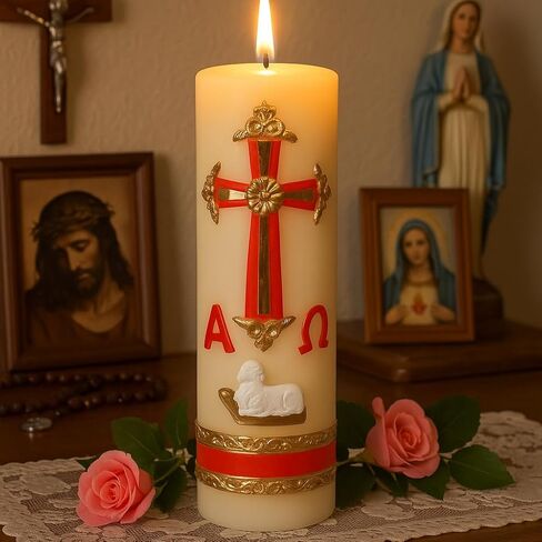 Cirio Pascual Rojo Alpha Omega Candle for the Easter Celebration - Devotional Candle - Confirmation o confirmacion boda o bautizo - Baptism candle or wedding Candle - Vela de matrimonio easter candles in Kuwait
