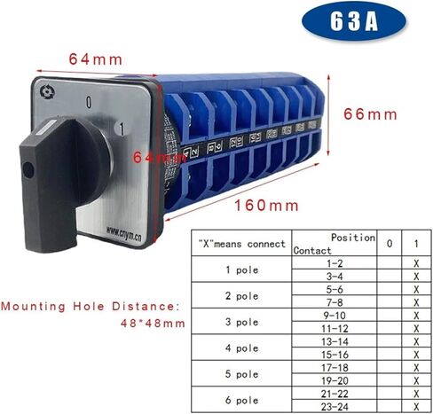 63A 6 Poles Cam Switch Changeover Rotary Combination Knob Master Control Circuit 1-0-2 Position YMW26 LW28 LW26-63/6 in Kuwait
