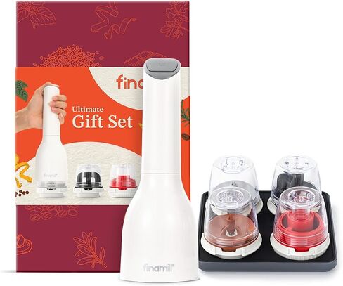 مجموعة مطحنة التوابل النهائية الحائزة على جائزة FinaMill - خشونة قابلة للتعديل، عناصر طحن سيراميك، ضوء LED، 4 كبسولات سريعة التغيير، صينية قابلة للتكديس (قابلة لإعادة الشحن، كريمية ناعمة) in Kuwait