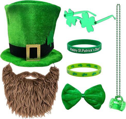 YQUQWN St. Patrick's Day Costume Suit 8 Pcs St Patricks Day Accessories with Leprechaun Shamrock Hat Bow Glasses Necklace Bracelet for lrish Party St. Patrick's Day Outfit in Saudi Arabia