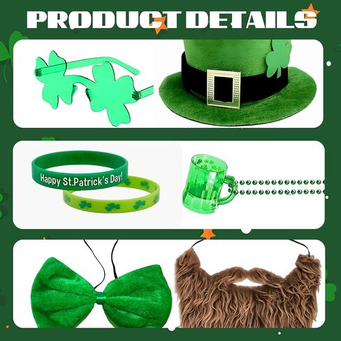 YQUQWN St. Patrick's Day Costume Suit 8 Pcs St Patricks Day Accessories with Leprechaun Shamrock Hat Bow Glasses Necklace Bracelet for lrish Party St. Patrick's Day Outfit in Saudi Arabia