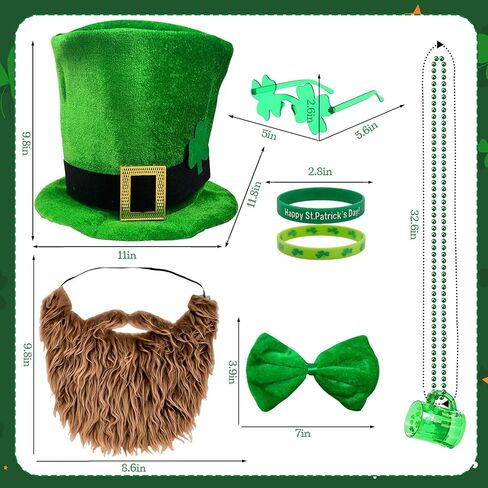YQUQWN St. Patrick's Day Costume Suit 8 Pcs St Patricks Day Accessories with Leprechaun Shamrock Hat Bow Glasses Necklace Bracelet for lrish Party St. Patrick's Day Outfit in Saudi Arabia