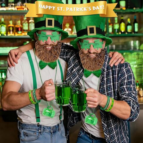 YQUQWN St. Patrick's Day Costume Suit 8 Pcs St Patricks Day Accessories with Leprechaun Shamrock Hat Bow Glasses Necklace Bracelet for lrish Party St. Patrick's Day Outfit in Saudi Arabia