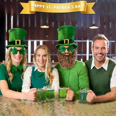 YQUQWN St. Patrick's Day Costume Suit 8 Pcs St Patricks Day Accessories with Leprechaun Shamrock Hat Bow Glasses Necklace Bracelet for lrish Party St. Patrick's Day Outfit in Saudi Arabia