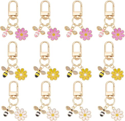PH PandaHall 12pcs Bee Flower Keychains, 3 Colors Alloy Enamel Keychains Cute Purse Zipper Key Chain Accessories Bee Charms for Purse Wallet Backpack Decoration, Birthday Gift, Women, Gold in Saudi Arabia