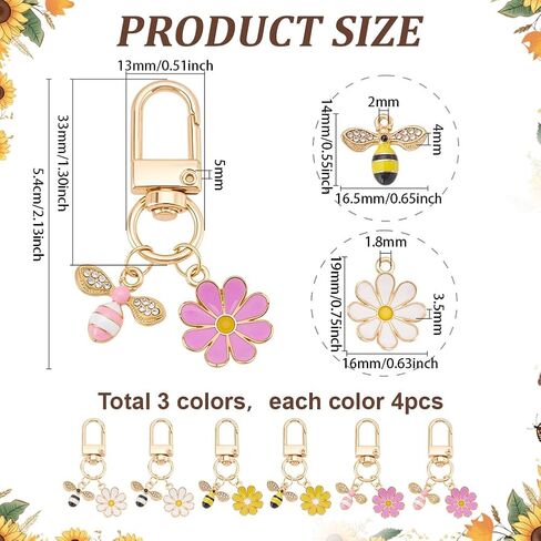 PH PandaHall 12pcs Bee Flower Keychains, 3 Colors Alloy Enamel Keychains Cute Purse Zipper Key Chain Accessories Bee Charms for Purse Wallet Backpack Decoration, Birthday Gift, Women, Gold in Saudi Arabia