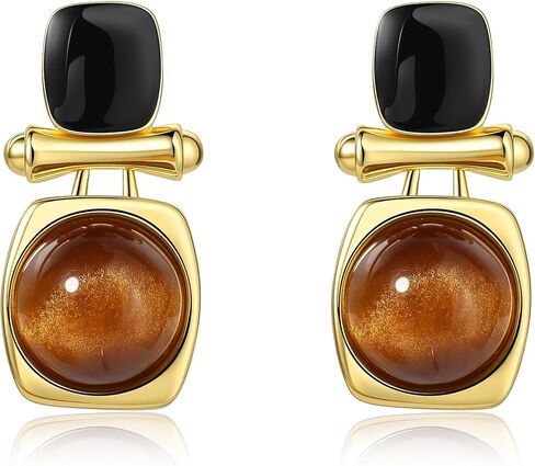 18K Gold Plated Brown Gemstone Earrings for Women, Tiger Eye Stone Dangle Drop Earring Stud, Tigers Eye Jewelry Gifts for Valentine Day in Kuwait