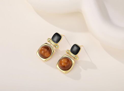 18K Gold Plated Brown Gemstone Earrings for Women, Tiger Eye Stone Dangle Drop Earring Stud, Tigers Eye Jewelry Gifts for Valentine Day in Kuwait