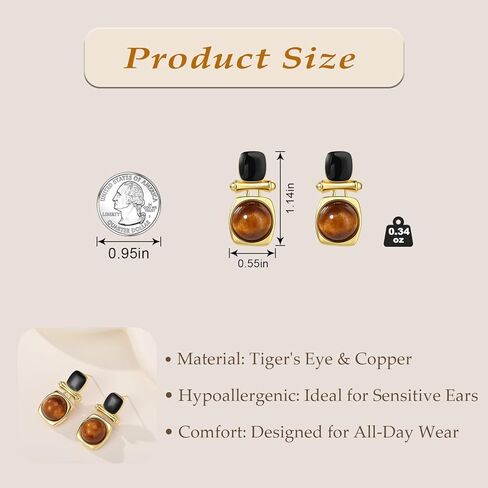 18K Gold Plated Brown Gemstone Earrings for Women, Tiger Eye Stone Dangle Drop Earring Stud, Tigers Eye Jewelry Gifts for Valentine Day in Kuwait