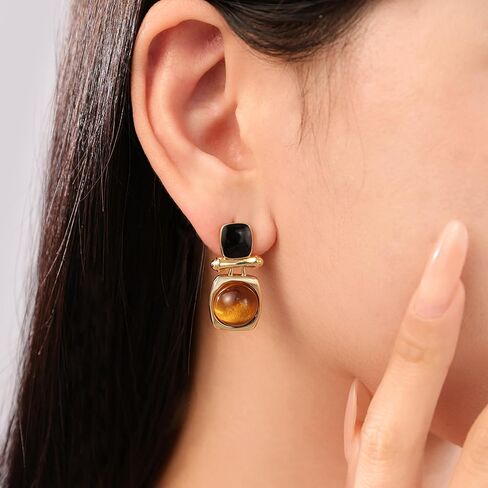 18K Gold Plated Brown Gemstone Earrings for Women, Tiger Eye Stone Dangle Drop Earring Stud, Tigers Eye Jewelry Gifts for Valentine Day in Kuwait