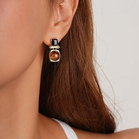 18K Gold Plated Brown Gemstone Earrings for Women, Tiger Eye Stone Dangle Drop Earring Stud, Tigers Eye Jewelry Gifts for Valentine Day in Kuwait