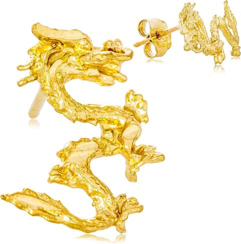 أقراط التنين الطويلة Lucky Energy منقوشة بدقة من الذهب الصلب عيار 14 قيراط | 9 مم × 12 مم | 1.1 جرام in Kuwait