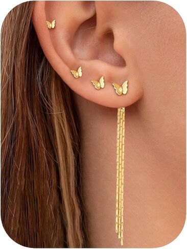 Florideco 4 Pairs 14K Gold Plated Stud Earrings for Women Hypoallergenic Cartilage Earrings for Multiple Piercing Dainty Dangle & Threader Chain Flower Wedding Earring Stacks for Brides in Kuwait